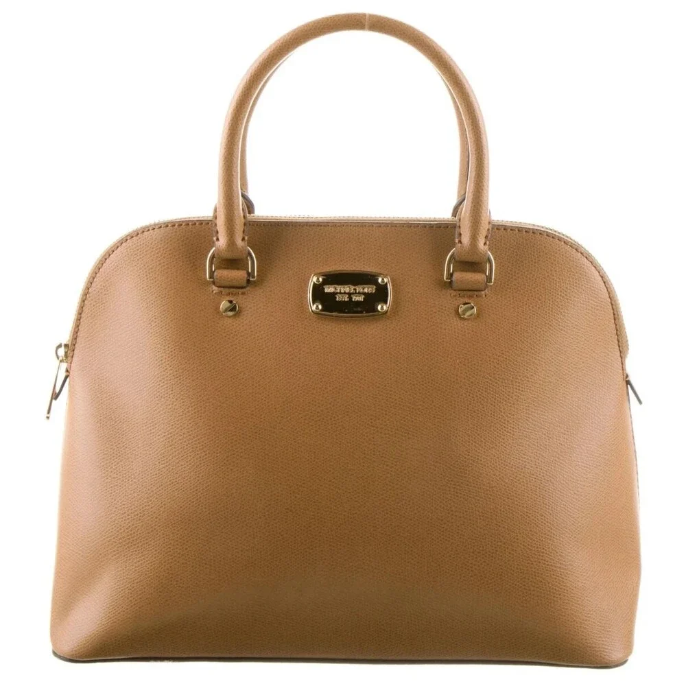DESIGNER MICHAEL KORS TAN LEATHER TOP ROLLED HANDLES ZIP TOP MED SIZE HANDBAG